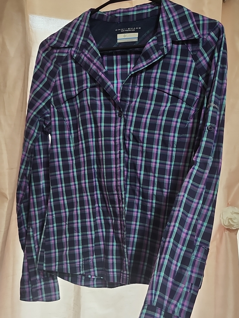 Columbia Purple Plaid Button-Down Shirt with Teal Stripes